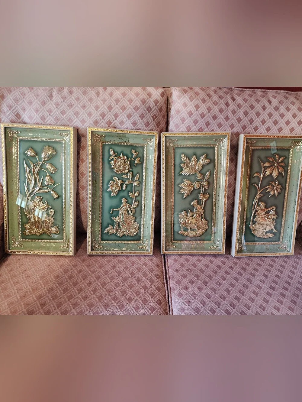Vintage MCM Metalcraft Four Seasons Wall Art Plaques Set of 4 Green Gold
